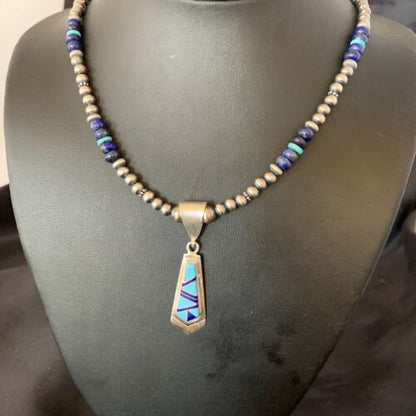 Men's Navajo Pearl Blue Lapis Turquoise Pendant Necklace | Sterling Silver | 21" | 12611
