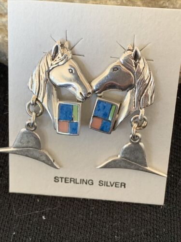 Native American Navajo Blue Lapis & Pink Opal Sterling Silver Horse Inlay Earrings 1" | 1513