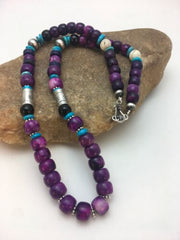 Navajo Purple Sugilite Turquoise Bead Necklace | Sterling Silver | Authentic Native American Handmade | 22" | 8913