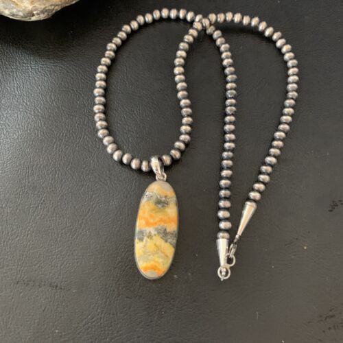 Navajo Yellow Bumblebee Jasper Pendant Necklace | Sterling Silver | Authentic Native American Handmade | 12810