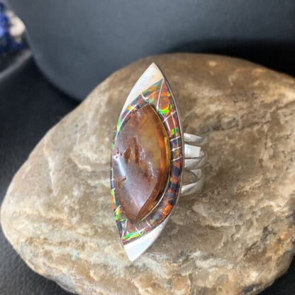 Navajo Sterling Silver Opal Inlay Ring with Amber | Sz 9 | Authentic Native American Handmade | Pomellato | 12849