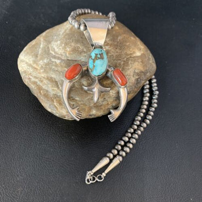 Navajo Pearl Necklace with Royston Turquoise & Coral Naja Pendant | Sterling Silver | 13645