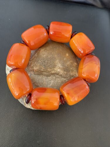 Southwestern Stretch Bracelet Set | Yellow Gold | Red Fossil Amber Stones | Authentic Native American Handmade | 10636