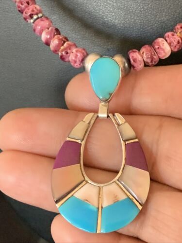 Navajo Sterling Silver Necklace | Turquoise & Purple Spiny Oyster Inlay Pendant Set | 18" | 12331