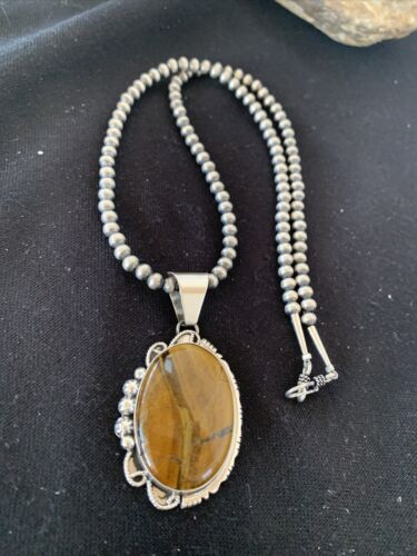 Men's Navajo Pearls Necklace | Sterling Silver | Coffee Tiger's Eye Pendant | Authentic Native American Handmade | 1541