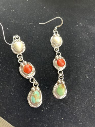 Navajo Spiny, Turquoise & Howlite Dangle Earrings | Sterling Silver | Authentic Native American Handmade | 1634