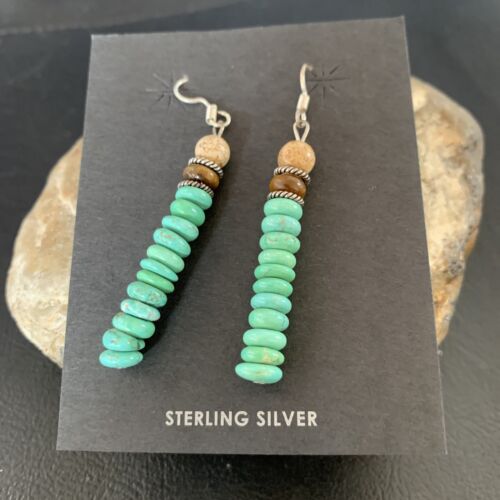 Navajo Green Turquoise & Picture Jasper Bead Earrings | Sterling Silver | Authentic Native American Handmade | 4080