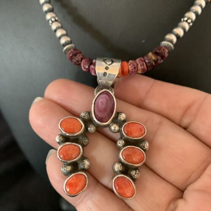 Navajo Purple Spiny Oyster Cluster Necklace | Sterling Silver Naja Pendant | Authentic Native American Handmade | 13154