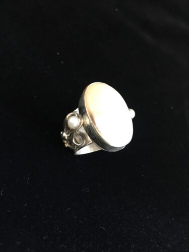 Southwestern Navajo White Mabe Pearl Ring | Sterling Silver | Sz 8 | Authentic Native American Handmade | 01722