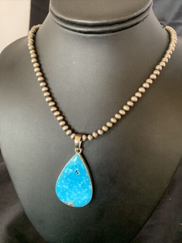 Navajo Pearls Blue Kingman Turquoise Necklace Pendant | Sterling Silver | Authentic Native American Handmade | 11810