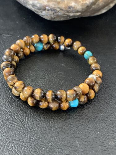Stainless Steel Memory Wire Bracelet | Tiger's Eye & Turquoise | Southwestern Navajo Style | 1419