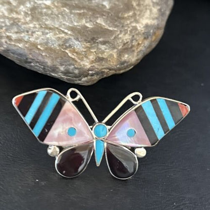 Zuni Butterfly Inlay Ring | Coral Turquoise Onyx Mother of Pearl | Sz 7 | Sterling Silver | 14435