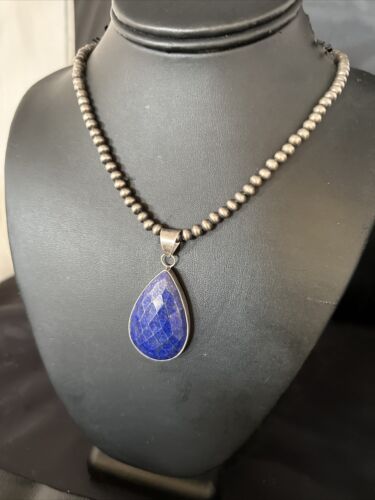 Men's Navajo Pearls Necklace with Faceted Lapis Pendant | Sterling Silver | Authentic Native American Handmade | 14469