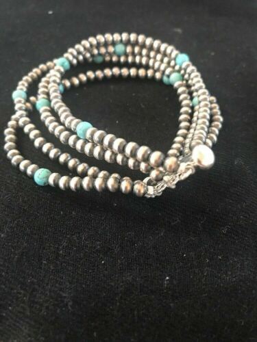 Native American Navajo Pearls Blue Turquoise Bracelet | Sterling Silver | 4-Strand