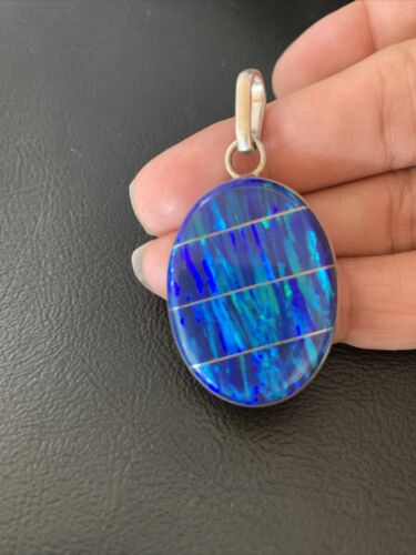Navajo Sterling Silver Peacock Blue Opal Inlay Pendant | Men's Women's | Authentic Native American | 13141