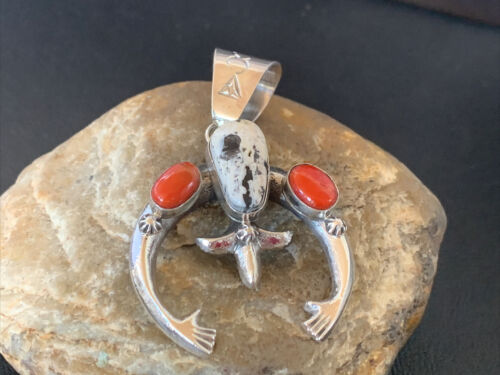 Navajo White Buffalo Turquoise Coral Naja Pendant | Sterling Silver | Authentic Native American Handmade | 11573