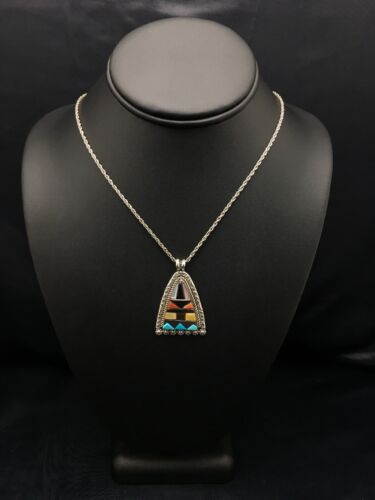 Navajo Multi-Color Turquoise Pendant Necklace | Sterling Silver | Authentic Native American Handmade | 20" | 4093
