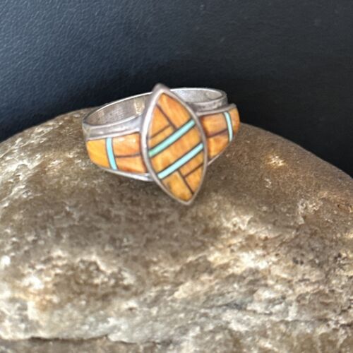 Navajo Blue Turquoise Spiny Oyster Inlay Ring | Sz 8.5 | Authentic Native American Handmade | 14558