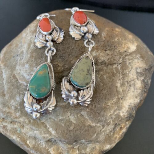USA Green Navajo Royston Turquoise Red Coral Sterling Dangle Earrings 2058