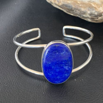 Minimalist Women's Blue Lapis Lazuli Cuff Wire Bracelet | Sterling Silver | 12871