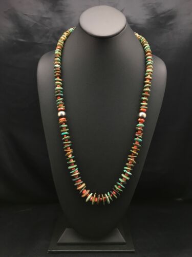 Navajo Green Turquoise Necklace | Sterling Silver | Authentic Native American | 28" Graduated | 3070