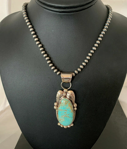 Men's Navajo Pearls Necklace Pendant | Sterling Silver | Blue Turquoise #8 | Authentic Native American | 906
