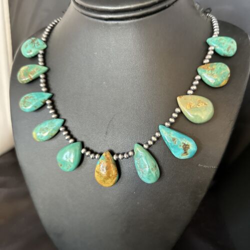 Southwestern Navajo Pearls Necklace | Sterling Silver | Blue Turquoise Teardrop | 14300