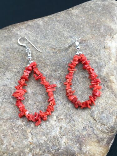 Native American Sterling Silver Navajo Red Coral Earrings | 2" | 1086