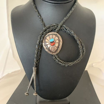 Navajo Turquoise Coral Bolo Tie | Sterling Silver | Authentic Native American Handmade | 1999 Bolo