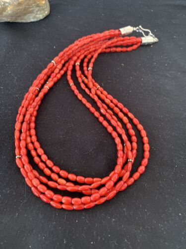 Native American Navajo 5-Strand Red Coral Necklace | Sterling Silver | Authentic Handmade | 01140