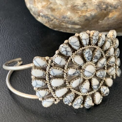 Navajo White Buffalo Turquoise Cluster Cuff Bracelet | Sterling Silver | Authentic Native American Handmade | 12102