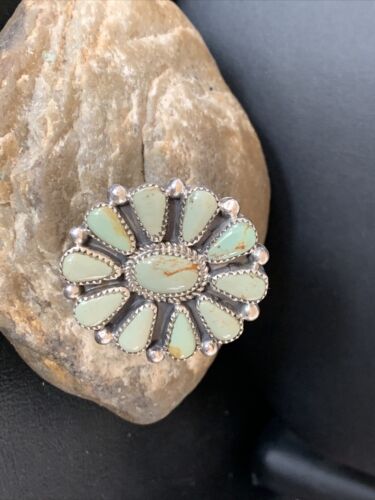 Navajo Green Turquoise Cluster Ring | Authentic Native American Sterling Silver | Multi-Stone | Sz 7.5 | 12191
