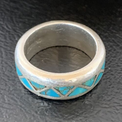 Men's Old Pawn Navajo Blue Turquoise Inlay Ring | Sterling Silver | Sz 6 | Authentic Native American Handmade | 10375