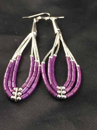 Handmade Liquid Silver Heishi Tube Beads Sugilite Earrings | Sterling Silver | 2" | 1985