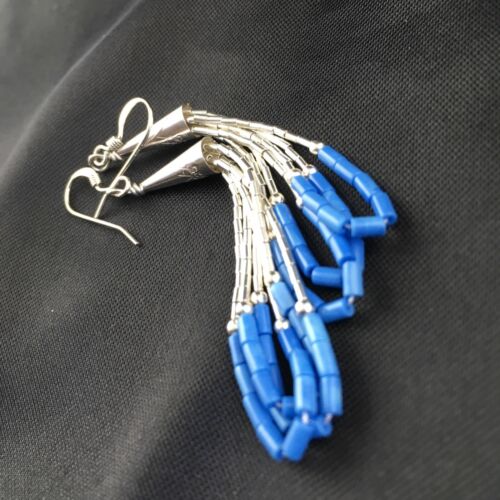 Liquid Sterling Silver Heishi Dangle Earrings | Blue Denim Lapis | 2" | 2005