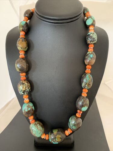 Navajo Green Turquoise & Orange Spiny Oyster Necklace | Sterling Silver | 23" | 1845