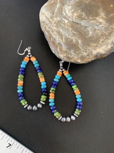 Navajo Multi-Color Lapis Spiny Turquoise Dangle Earrings | Sterling Silver | Authentic Native American Handmade | 12978