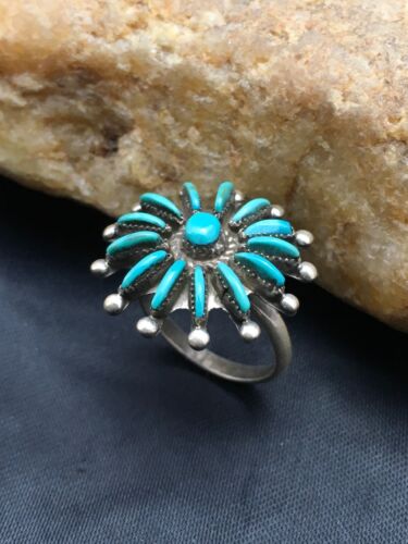 Zuni Blue Turquoise Needle Point Cluster Ring | Authentic Native American Sterling Silver | Multi-Stone | Sz 7.25 | 4035