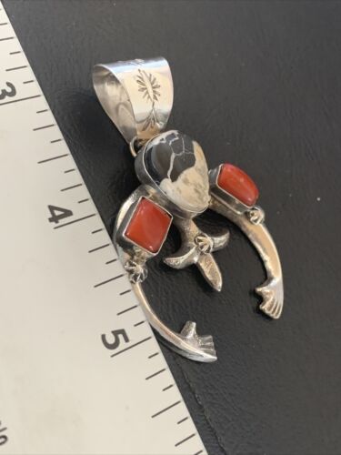 Navajo White Buffalo Turquoise Coral Naja Pendant | Sterling Silver | Authentic Native American Handmade | 11574 - Masha USA