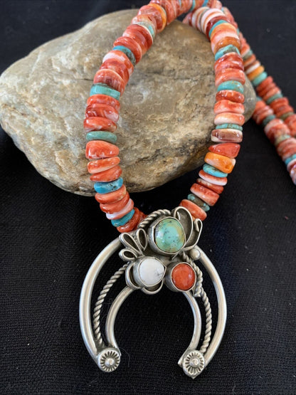 Navajo Pearls Sterling Silver Necklace | Red Spiny Oyster & Turquoise Naja Pendant | Authentic Native American Handmade