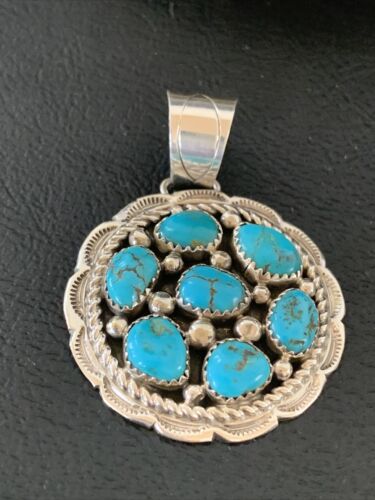 Navajo Kingman Blue Turquoise Cluster Pendant | Authentic Native American Sterling Silver | Multi-Stone | 2" | 2093