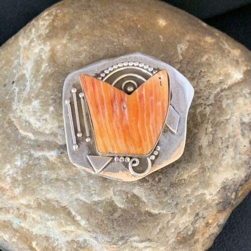 Southwestern Navajo Handmade Pin Sterling Silver Orange Spiny Oyster 13716