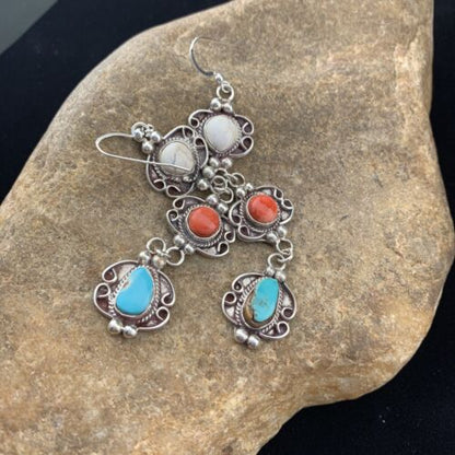 Navajo Spiny, Turquoise & Howlite Dangle Earrings | Sterling Silver | Authentic Native American Handmade | 1614