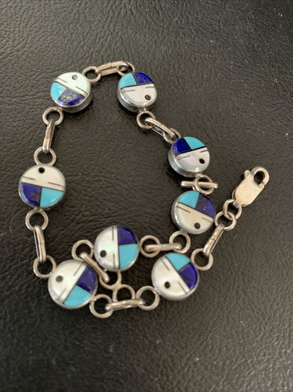 Navajo Blue Turquoise Lapis Inlay Link Bracelet | Sterling Silver | 8" | Authentic Native American Handmade | 1454
