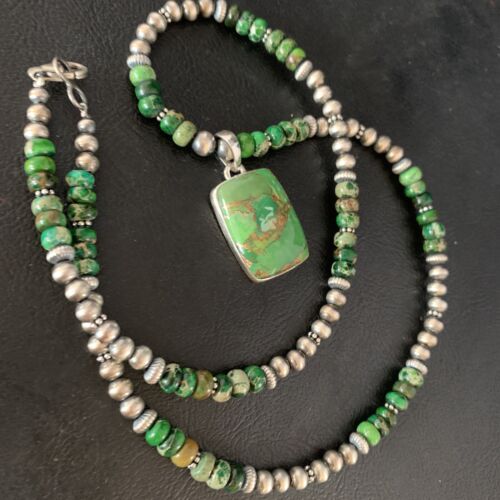 Navajo Pearls Green Mojave Turquoise Pendant Necklace | Sterling Silver | Native American Handmade | 13465