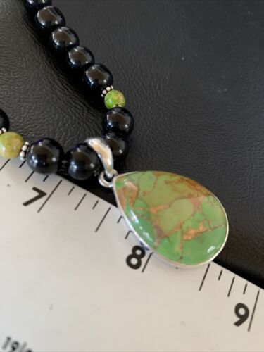 Navajo Pearls Onyx Mojave Turquoise Necklace Pendant | Sterling Silver | Authentic Native American Handmade | 13252