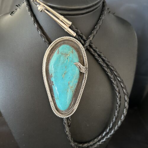 Native American Men's Bolo Tie | Blue Kingman Turquoise | Sterling Silver | Navajo Handmade | 14525