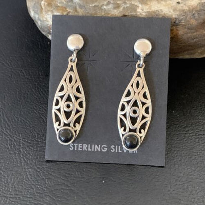 Navajo Black Onyx Drop Earrings | Sterling Silver | 1.25" | Authentic Native American Handmade | 12650