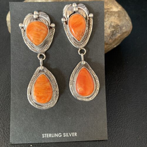 Navajo Orange Spiny Oyster Dangle Earrings | Sterling Silver | Authentic Native American Handmade | 13818