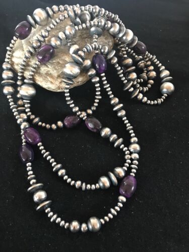 Navajo Pearls Necklace | Sterling Silver Sugilite Beads | 70" | Authentic Native American Handmade | 8052